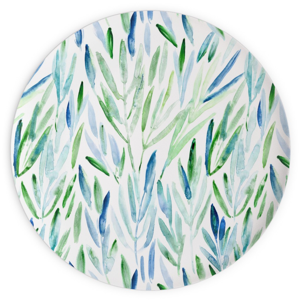 Watercolor Eucalyptus Leaves - Blue and Green Plates, 10x10, Green