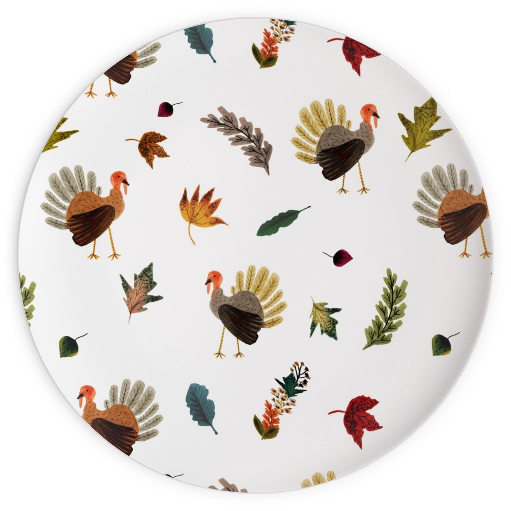 Fall Thanksgiving Turkeys on White Plates, 10x10, White