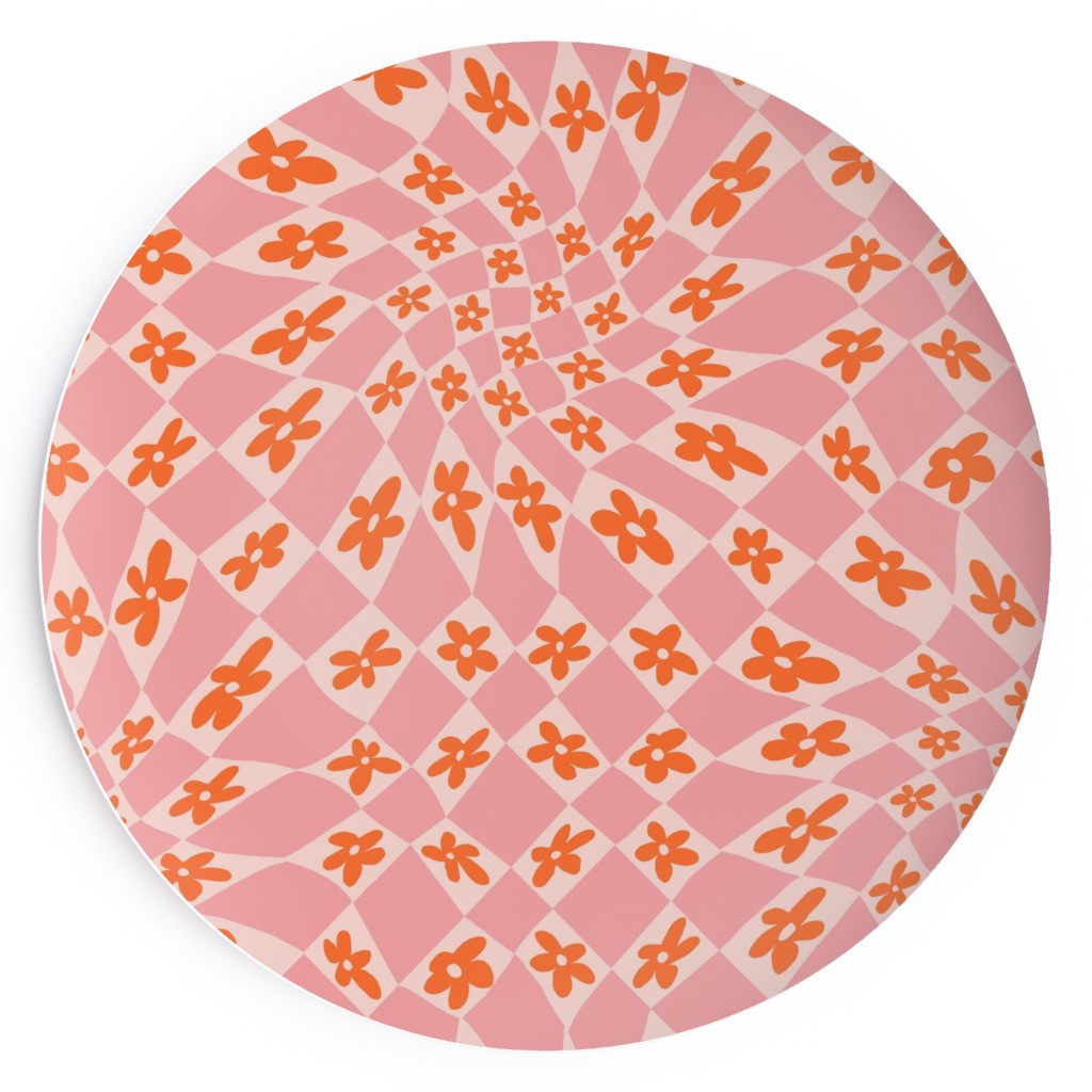 Trippy Checker - Floral - Pink and Orange Salad Plate, Pink