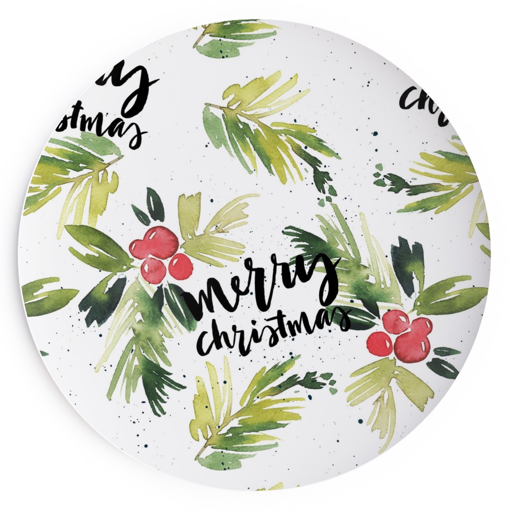 Merry Christmas Red Berry Holly Salad Plate, White