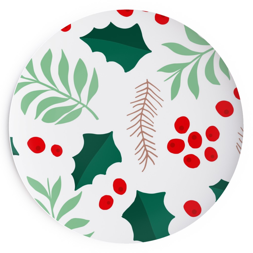 Botanical Christmas Garden Pine Leaves Holly Branch Berries - Green and Red Salad Plate, Green