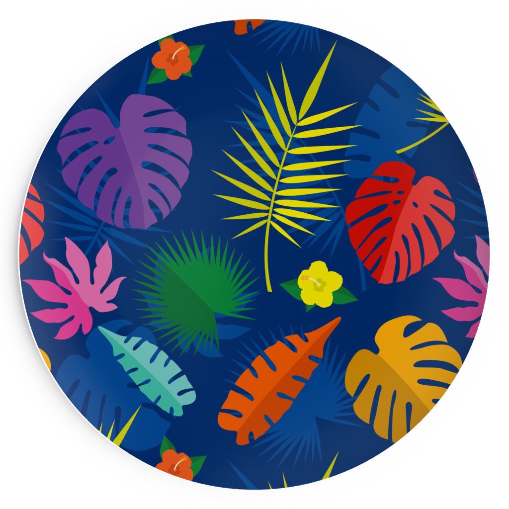 Tropical Leaves - Multi on Blue Salad Plate, Multicolor