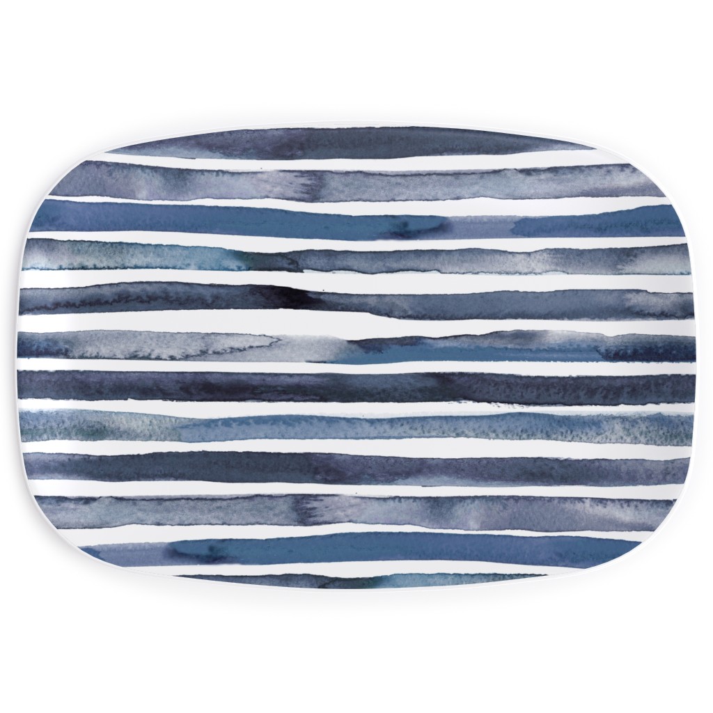 Watercolor Stripes - Blue Serving Platter, Blue