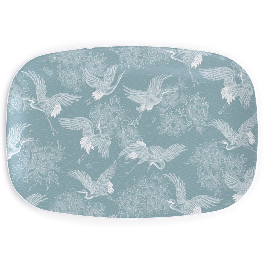 Majestic Cranes - White on Blue Serving Platter, Blue