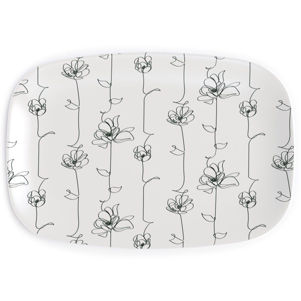 One Line Floral - Light Serving Platter, White, White