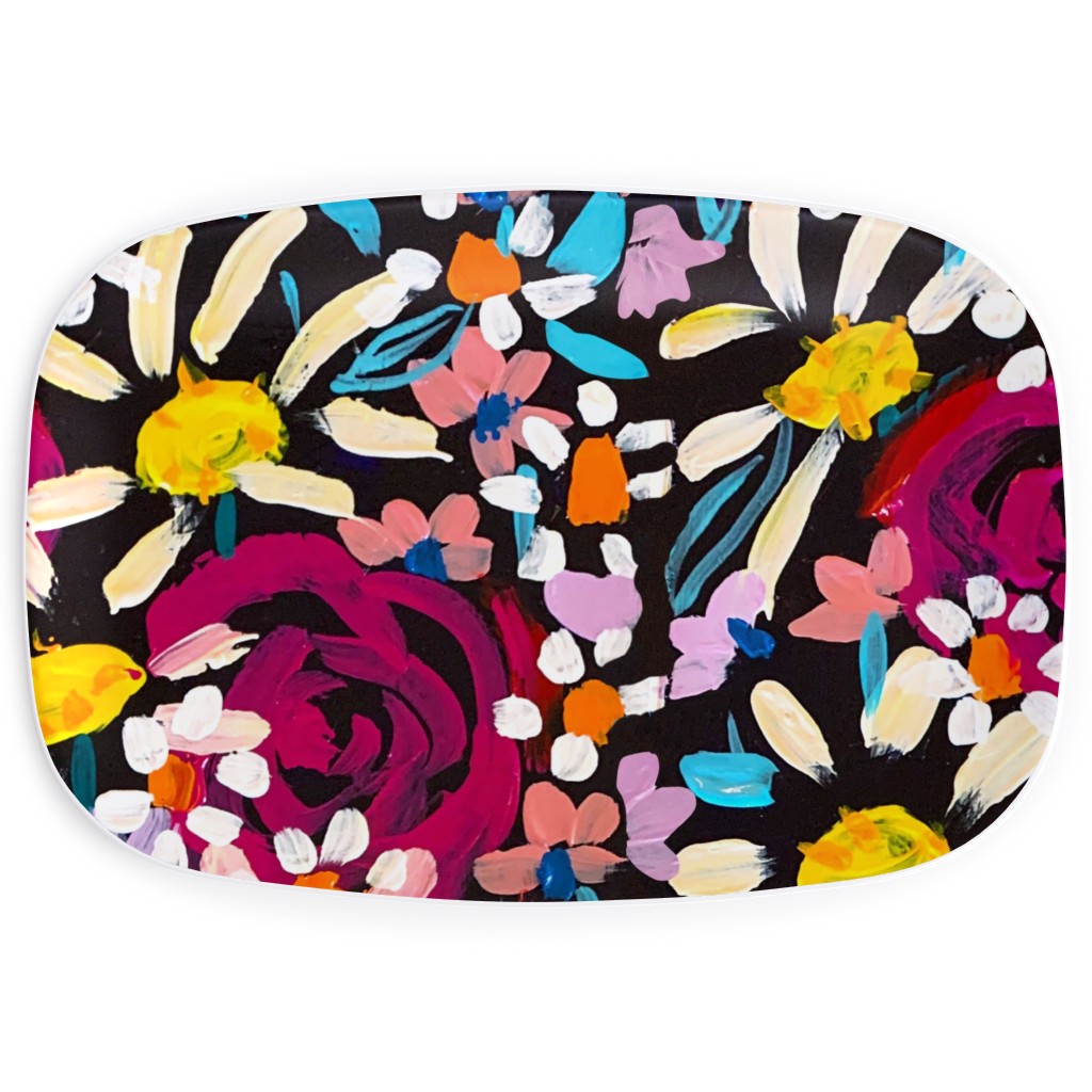 Summer Soiree Floral - Black Serving Platter, Multicolor