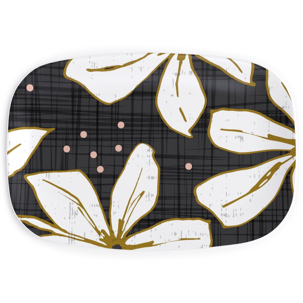 Lilium - Floral - Charcoal Black & White Serving Platter, Black