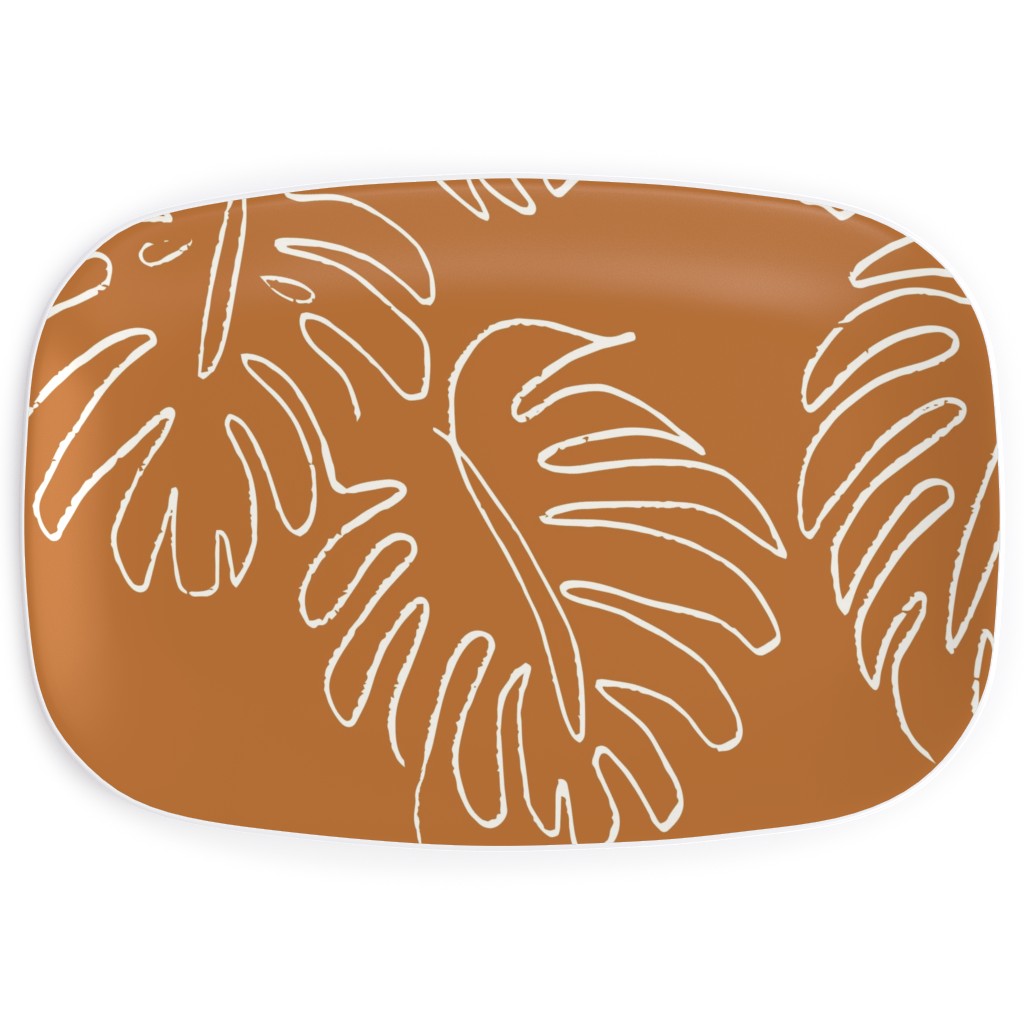 Monstera Line Art - Burnt Orange Serving Platter, Orange