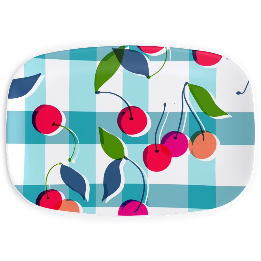 Gingham Cherry - Blue Serving Platter, Blue