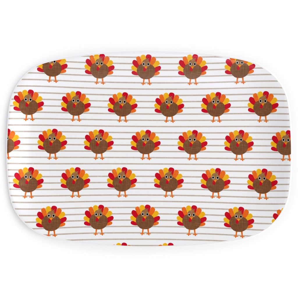 Cute Thanksgiving Turkey - on Khaki Stripes Serving Platter, Orange