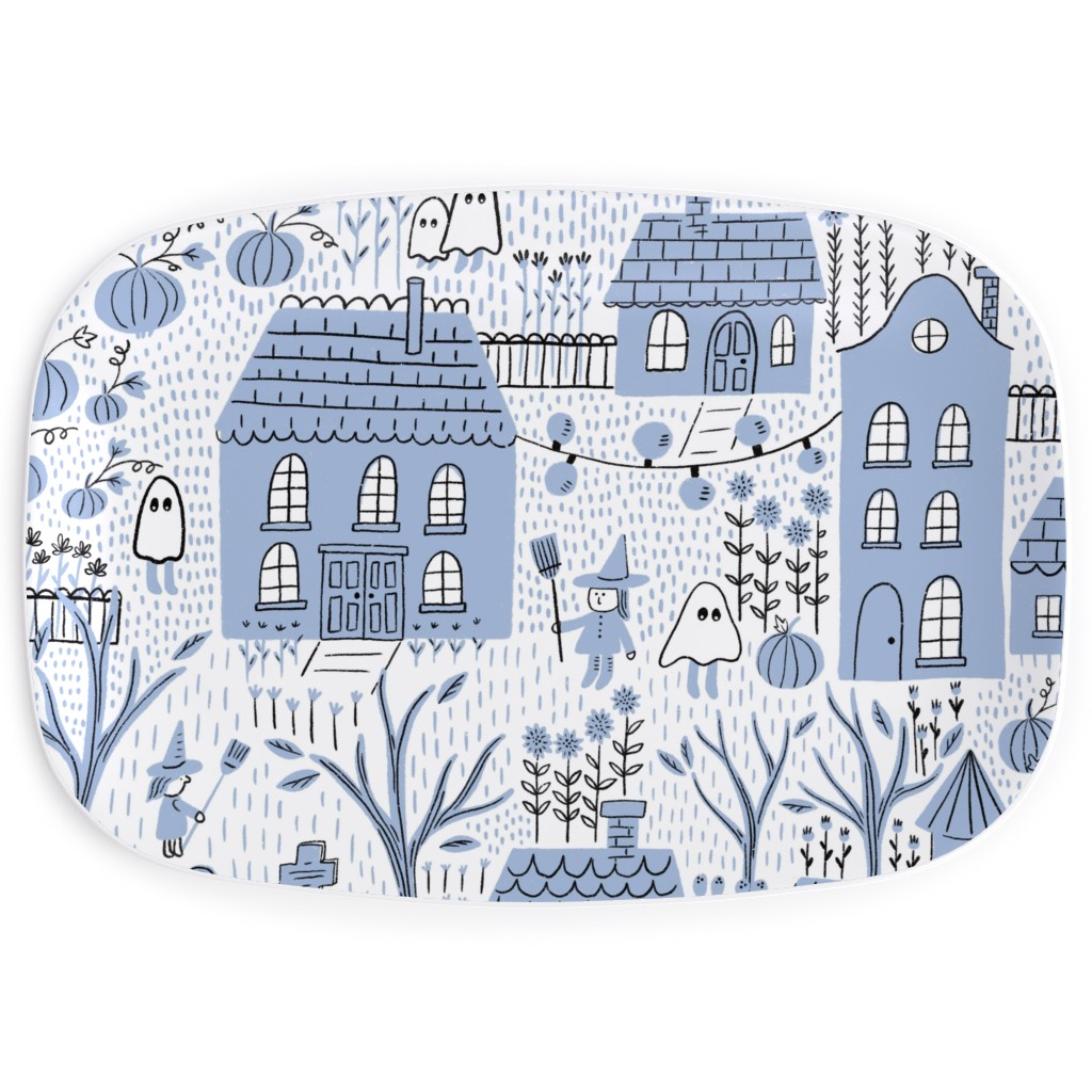 What Ghosts Around Comes Around - Blue on White Serving Platter, Blue, True Blue