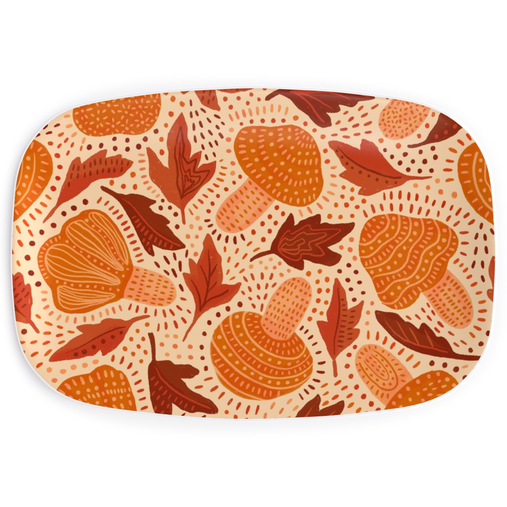 Autumn Mushrooms and Fallen Leaves Serving Platter, Orange