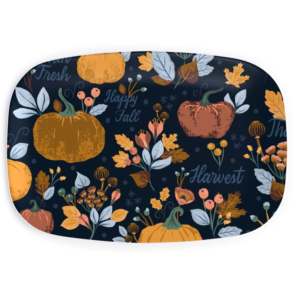 Elegant Fall Floral Harvest - Navy Serving Platter, Orange