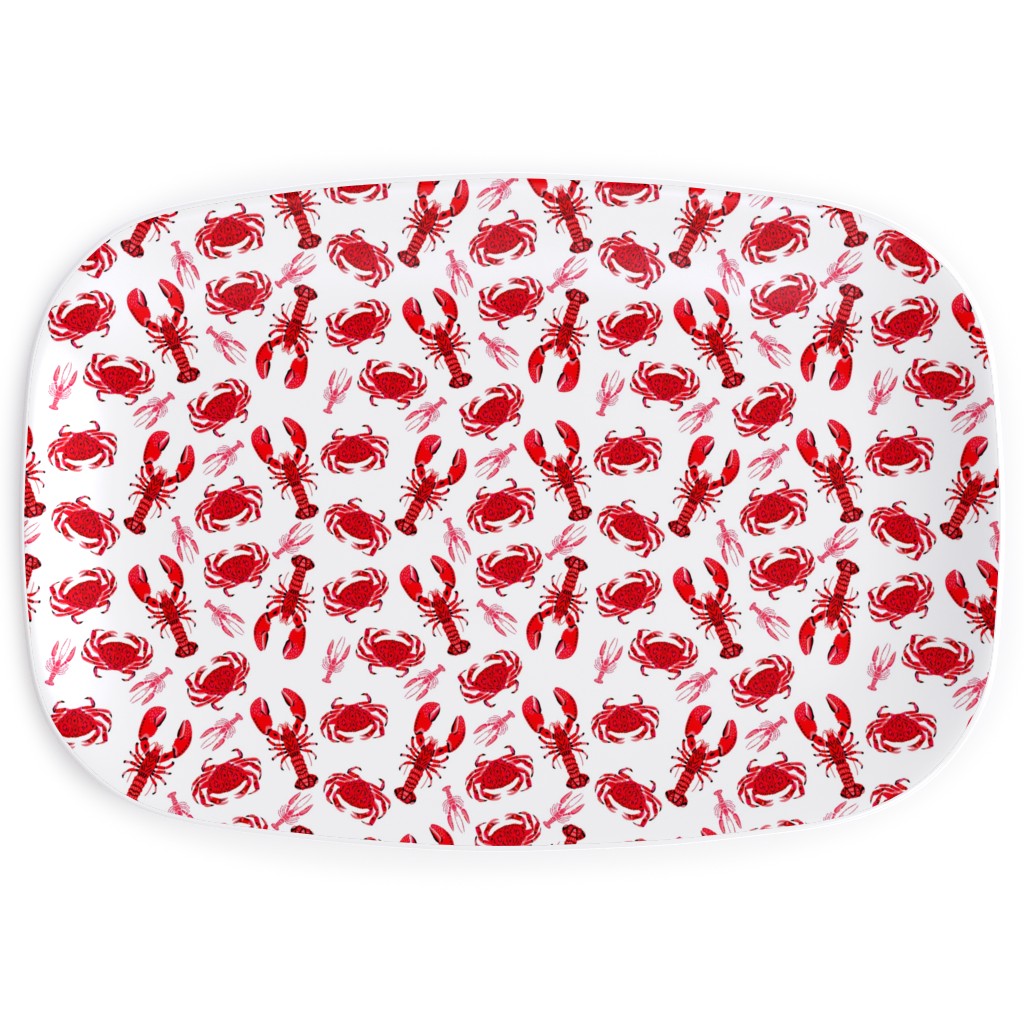 Crabs and Lobsters - Red Crustaceans on White Serving Platter, Red