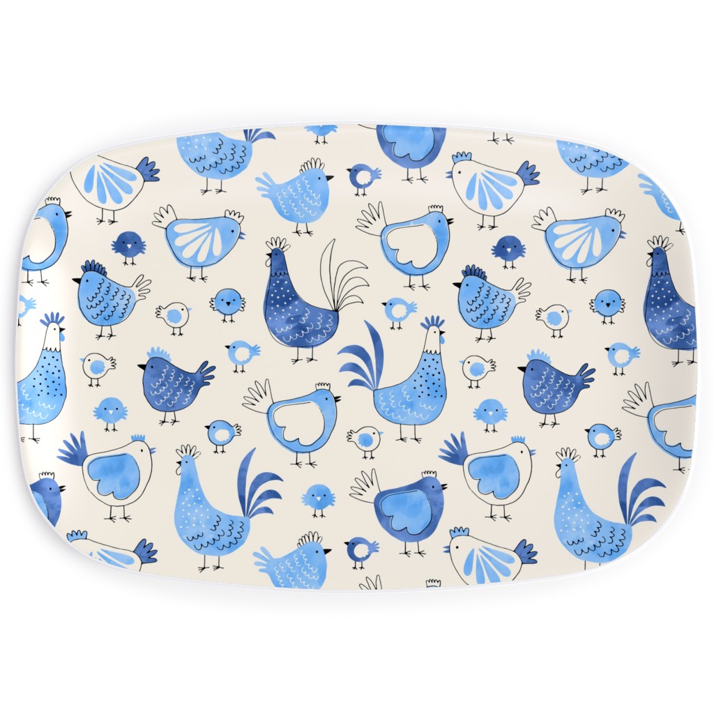 Chicken and Rooster - Watercolor - Blue on Creme Serving Platter, Blue