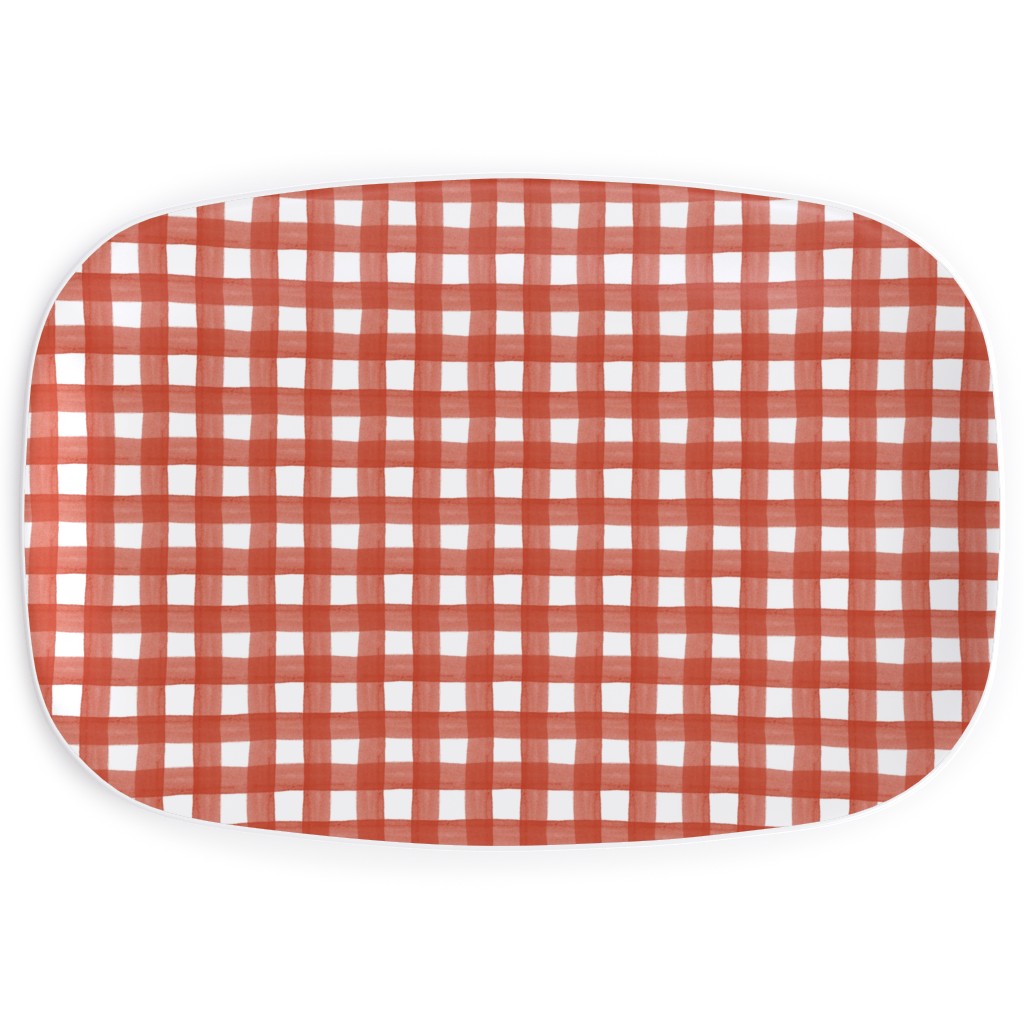 Red Watercolor Gingham Serving Platter, Red, Red