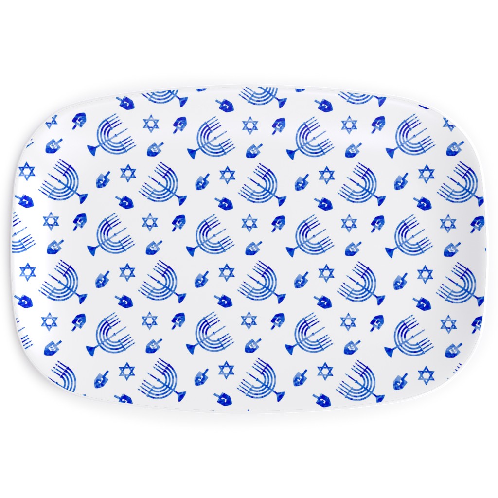 Hanukkah Watercolor Menorah, Dreidel, Star of David - Blue Serving Platter, Blue, True Blue