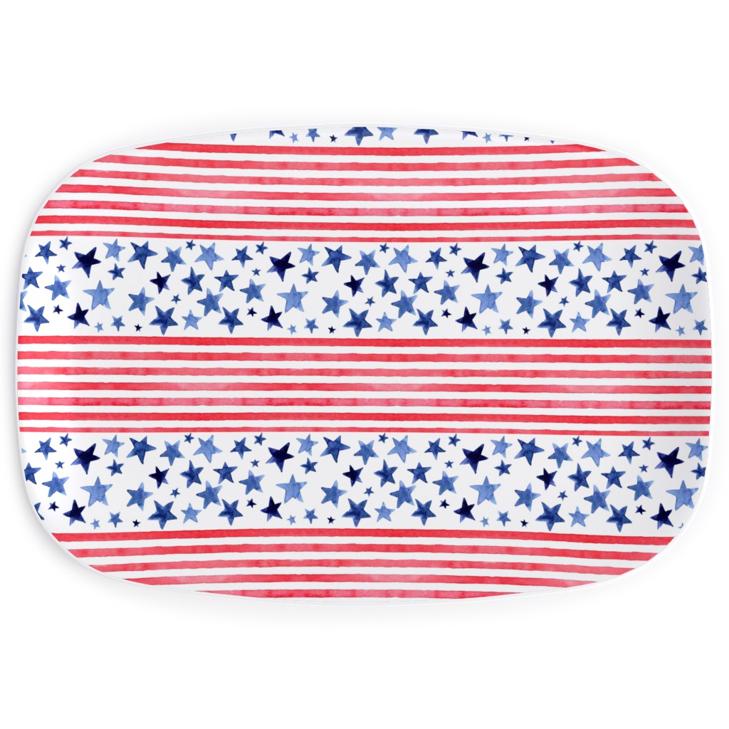 Watercolor Stars and Stripes - Red White and Blue Serving Platter, Red