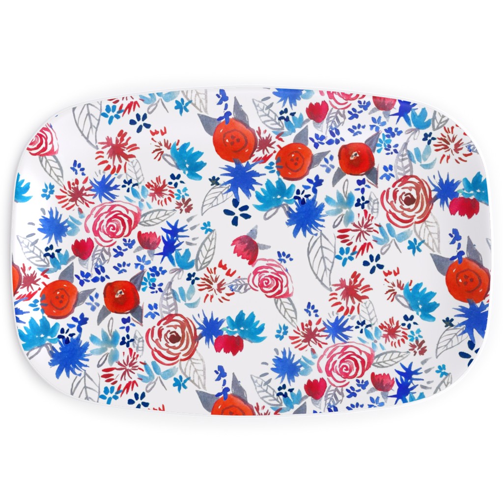 Patriotic Watercolor Floral - Red White and Blue Serving Platter, Multicolor