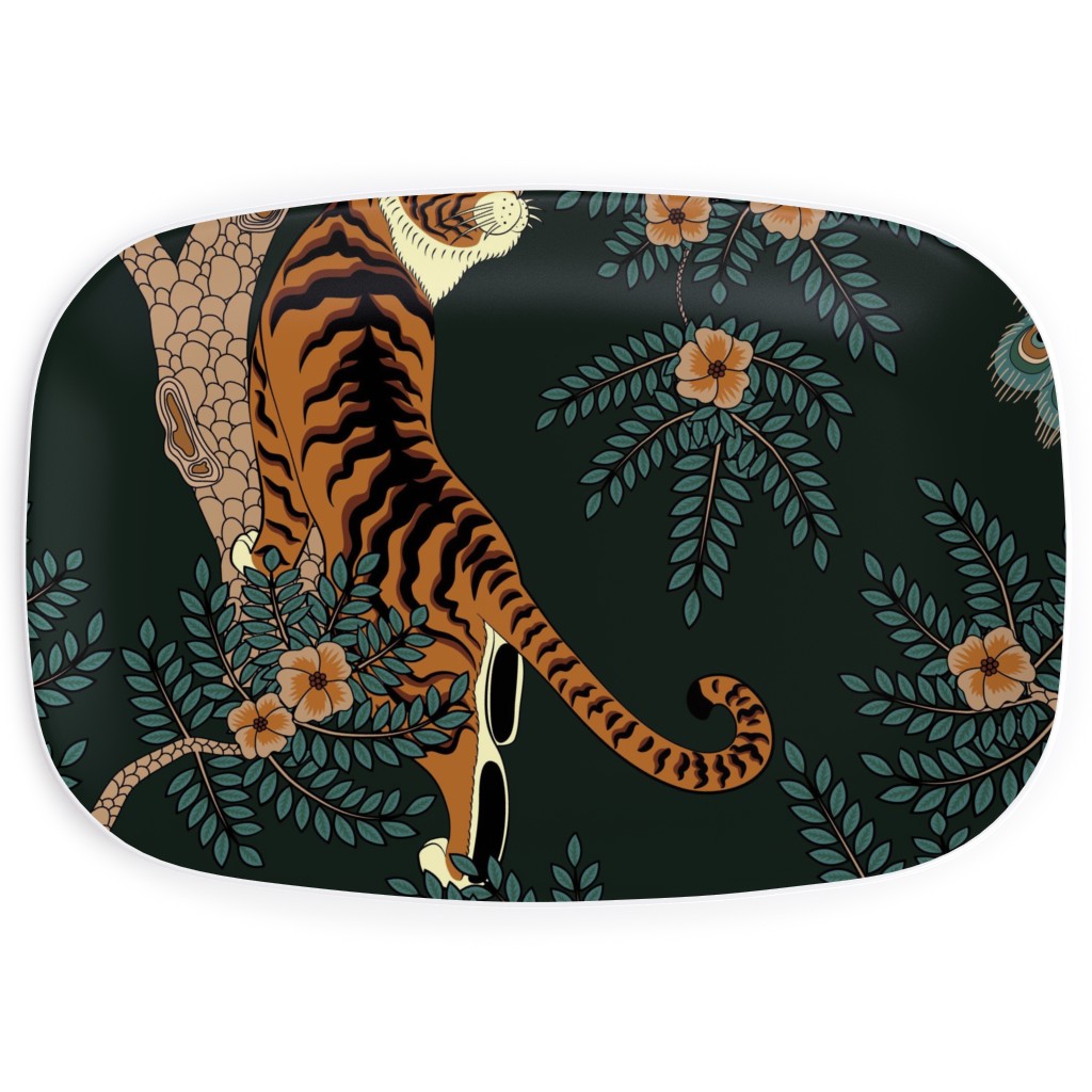 Tiger and Peacock on Black Serving Platter, Black