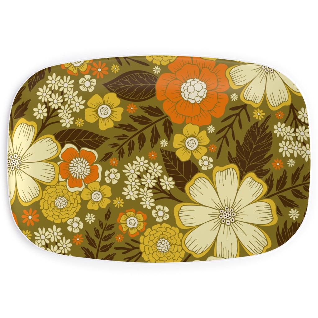 1970s Retro/Vintage Floral - Yellow and Brown Serving Platter, Yellow