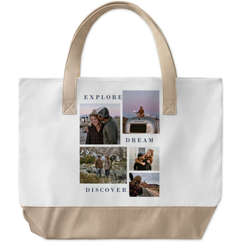 Explore Dream Discover Large Tote, Beige, Photo Personalization, Large Tote, White