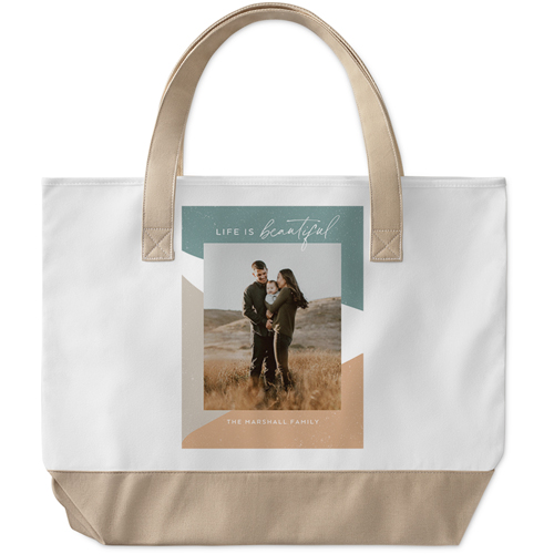 Life Is Beautiful Abstract Large Tote, Beige, Photo Personalization, Large Tote, Blue