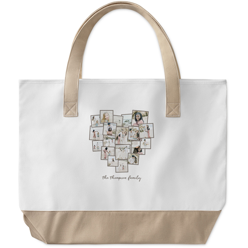 Tilted Heart Collage Large Tote, Beige, Photo Personalization, Large Tote, Gray