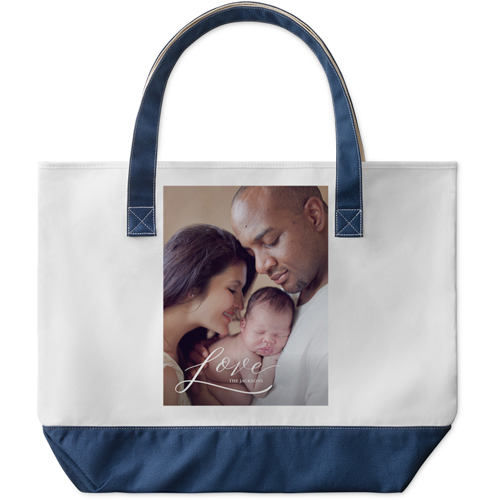 Love Script Large Tote, Navy, Photo Personalization, Large Tote, White