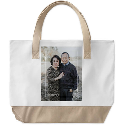 Sweet Floral Border Large Tote, Beige, Photo Personalization, Large Tote, White, white
