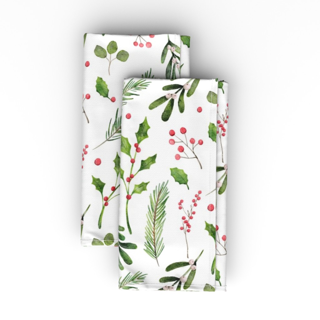 Watercolor Holly & Mistletoe Cloth Napkin, Longleaf Sateen Grand, Multicolor