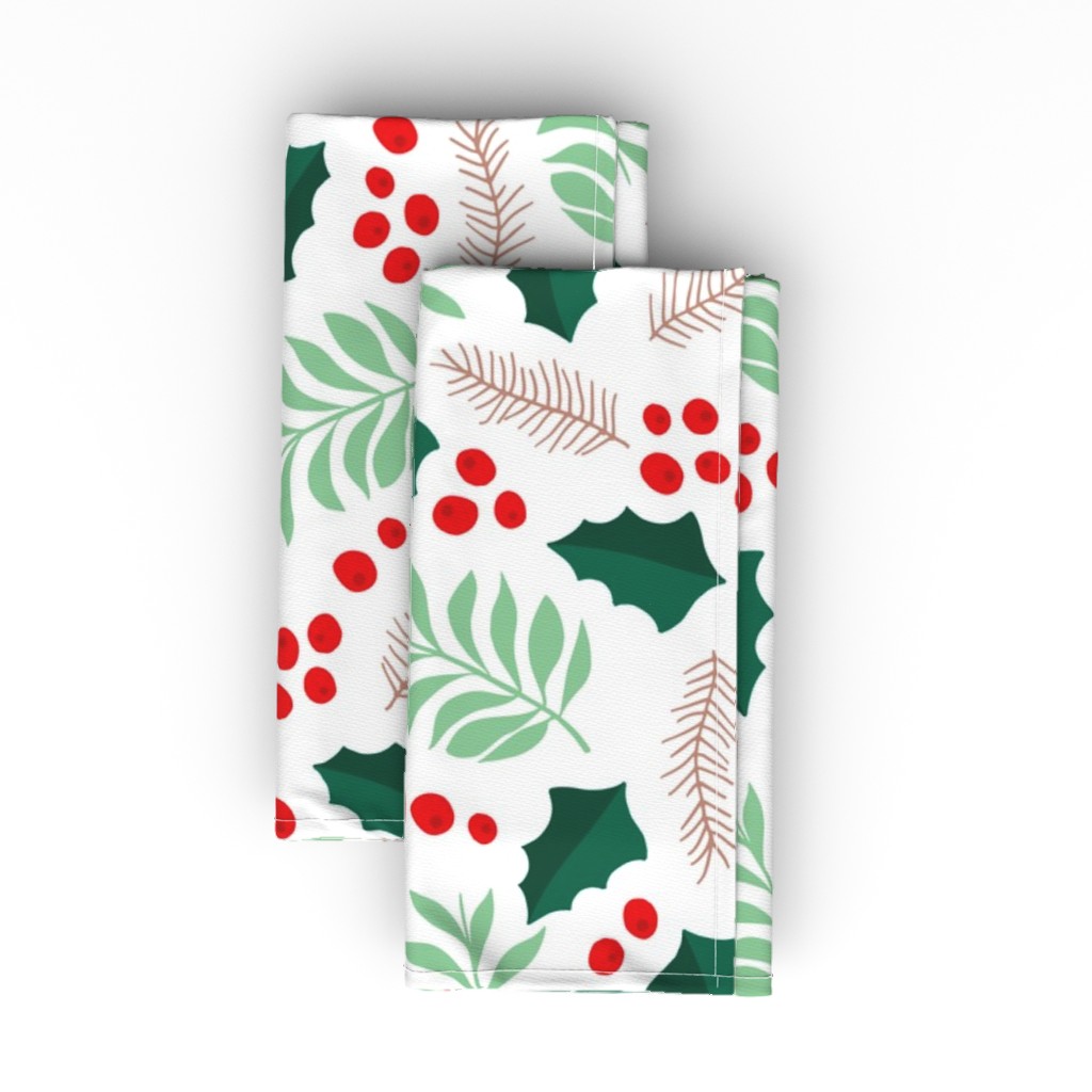 Botanical Christmas Garden Pine Leaves Holly Branch Berries - Green and Red Cloth Napkin, Longleaf Sateen Grand, Green