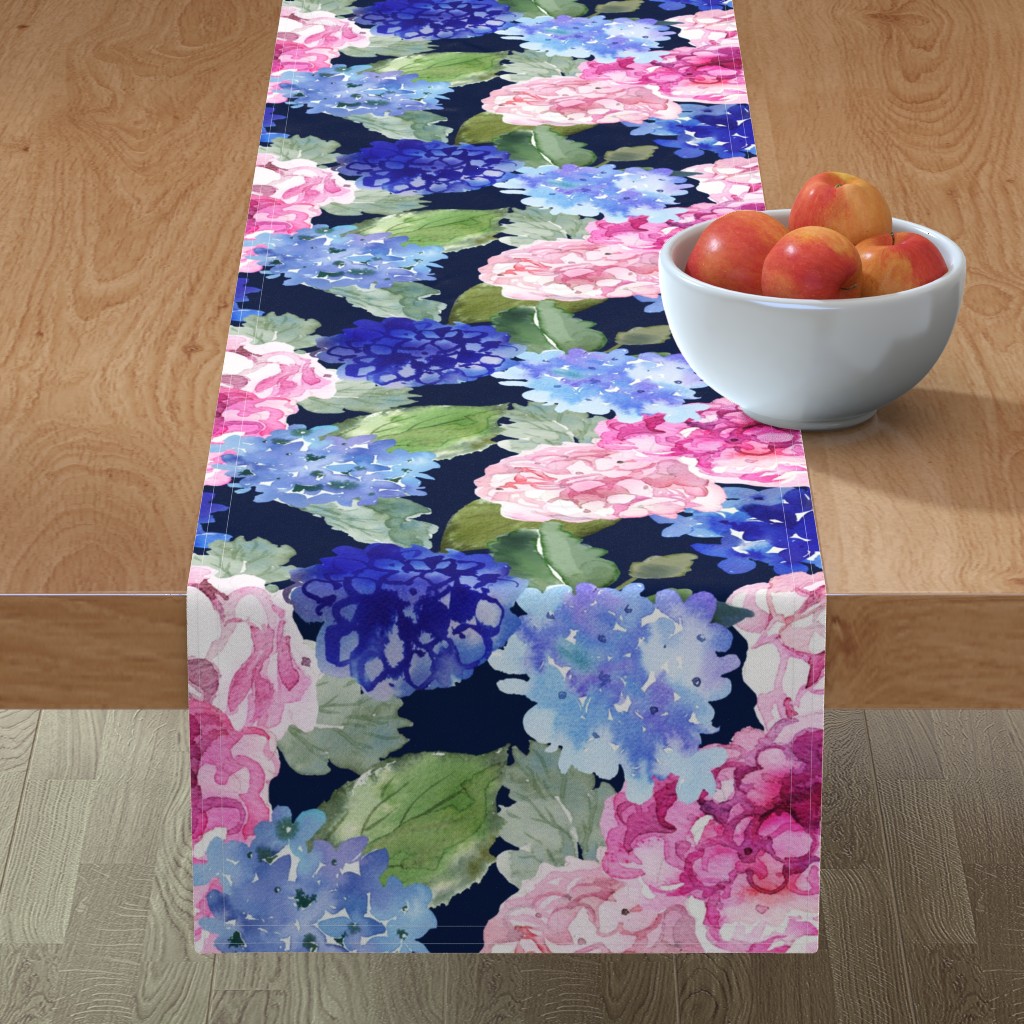 Spring Hydrangea Watercolor - Navy Table Runner, 108x16, Multicolor