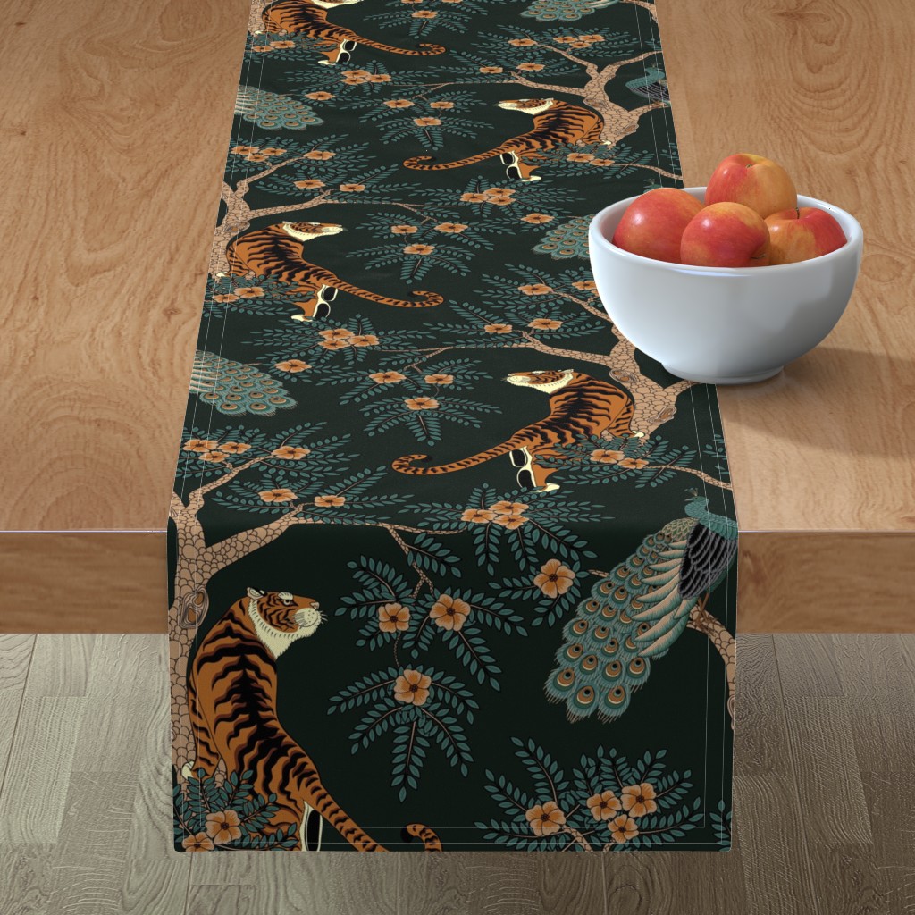 Tiger and Peacock on Black Table Runner, 108x16, Black