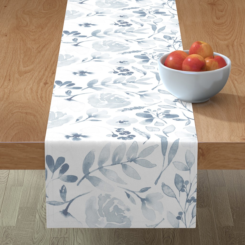 Faded Floral Watercolor - Light Blue Table Runner, 72x16, Blue