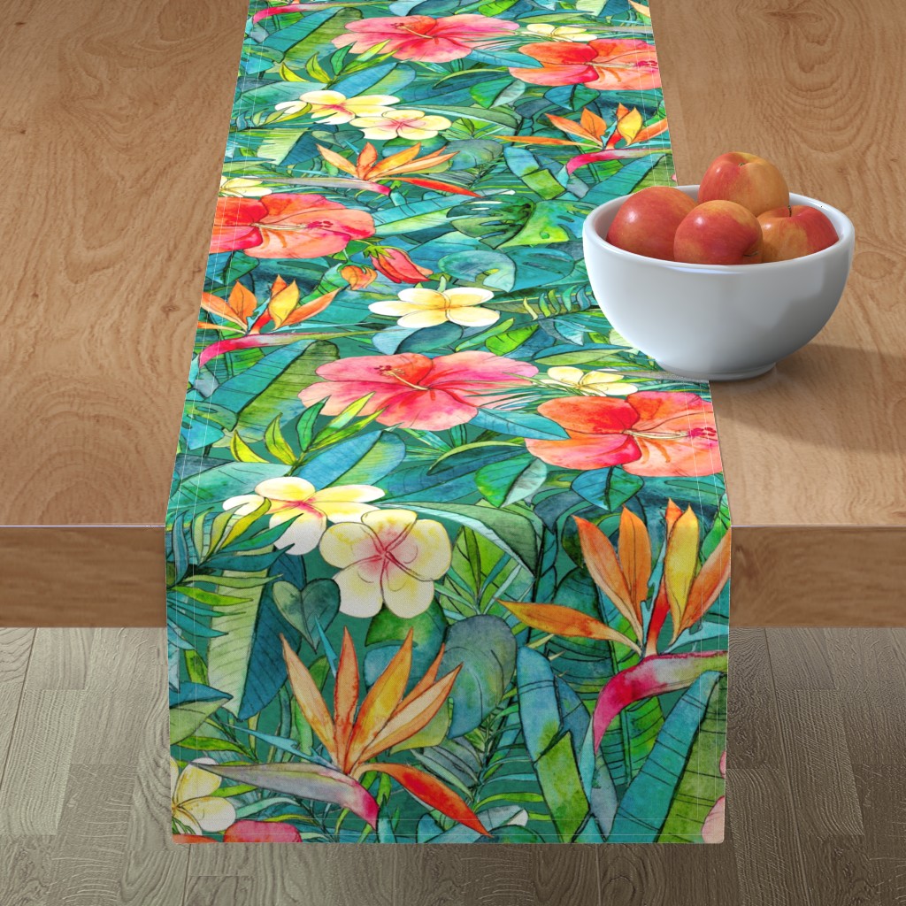 Classic Tropical Garden Watercolor Table Runner, 72x16, Multicolor