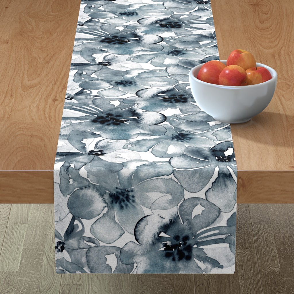 Floral Anemone - Indigo Table Runner, 72x16, Blue
