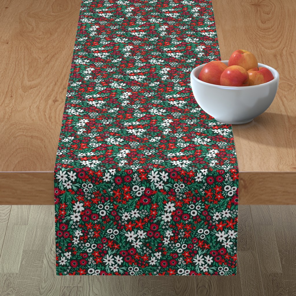 Rustic Floral - Holiday Red and Green Table Runner, 90x16, Green
