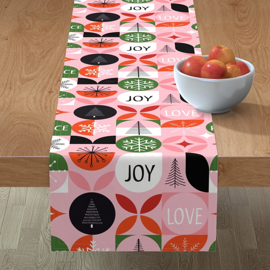 Mid Century Modern Christmas Table Runner, 90x16, Pink