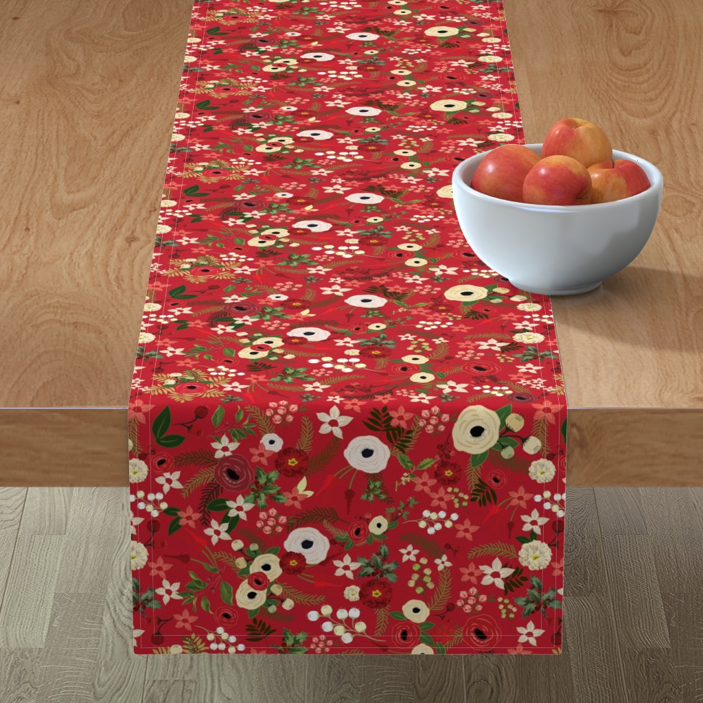 Vintage Floral Table Runner, 90x16, Red