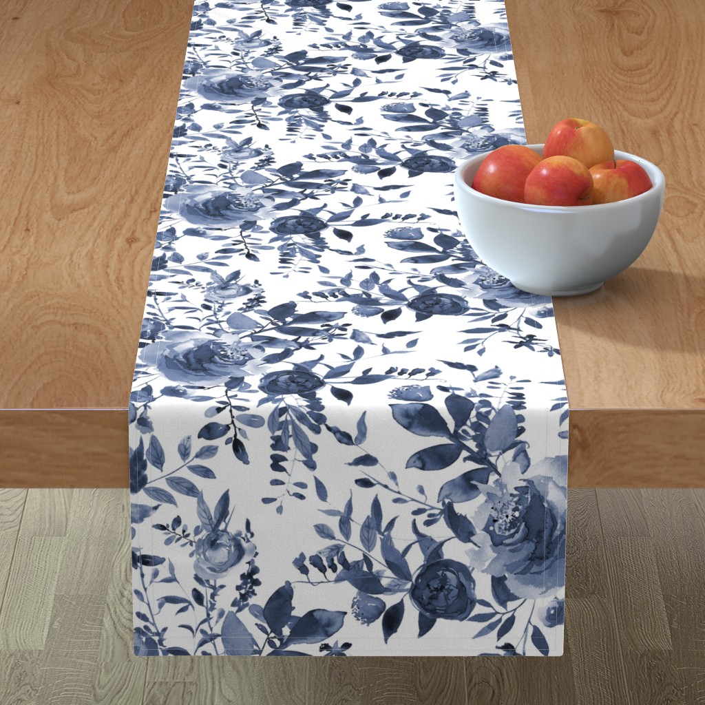Blue and White Florals - Indigo Table Runner, 90x16, Blue