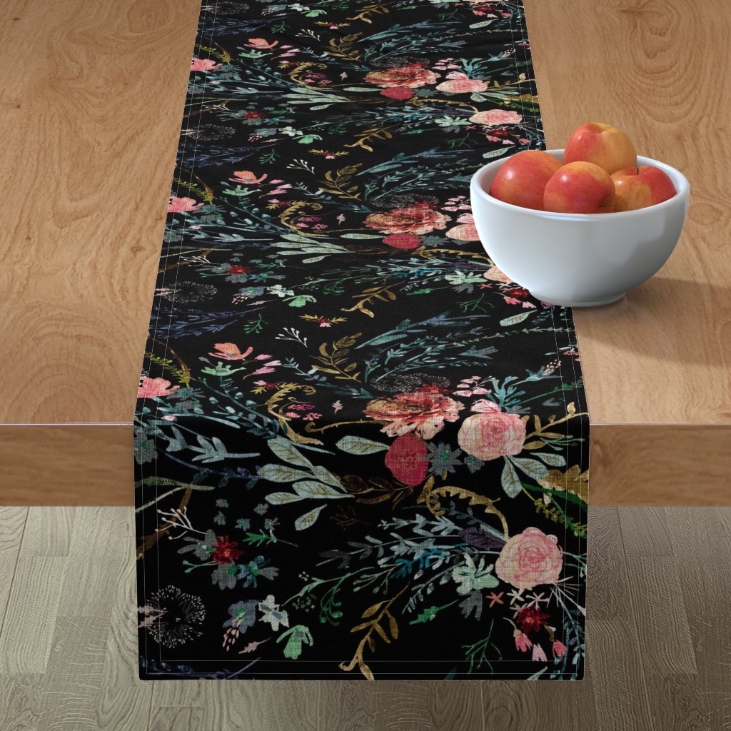 Fable Floral Table Runner, 90x16, Black