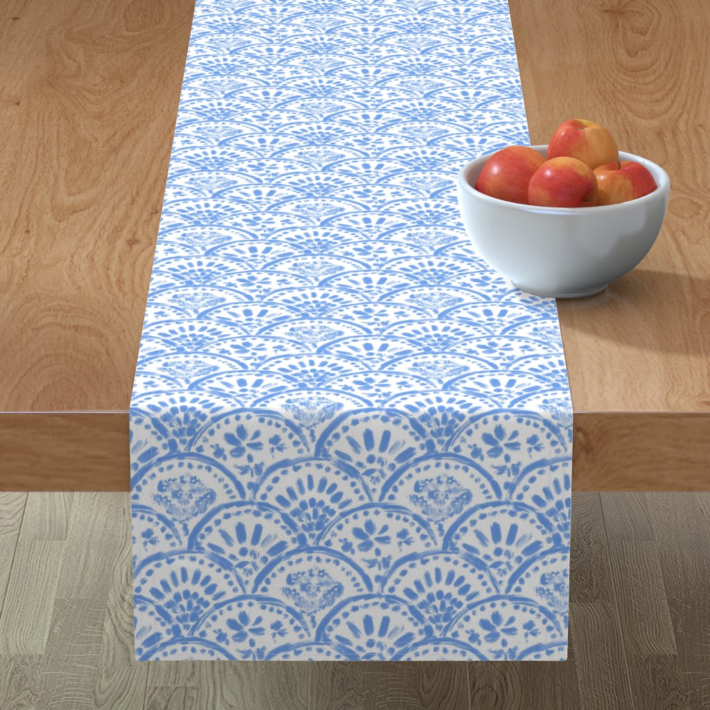 Chinese Chintz Scalloped Wave - Blue Table Runner, 90x16, Blue