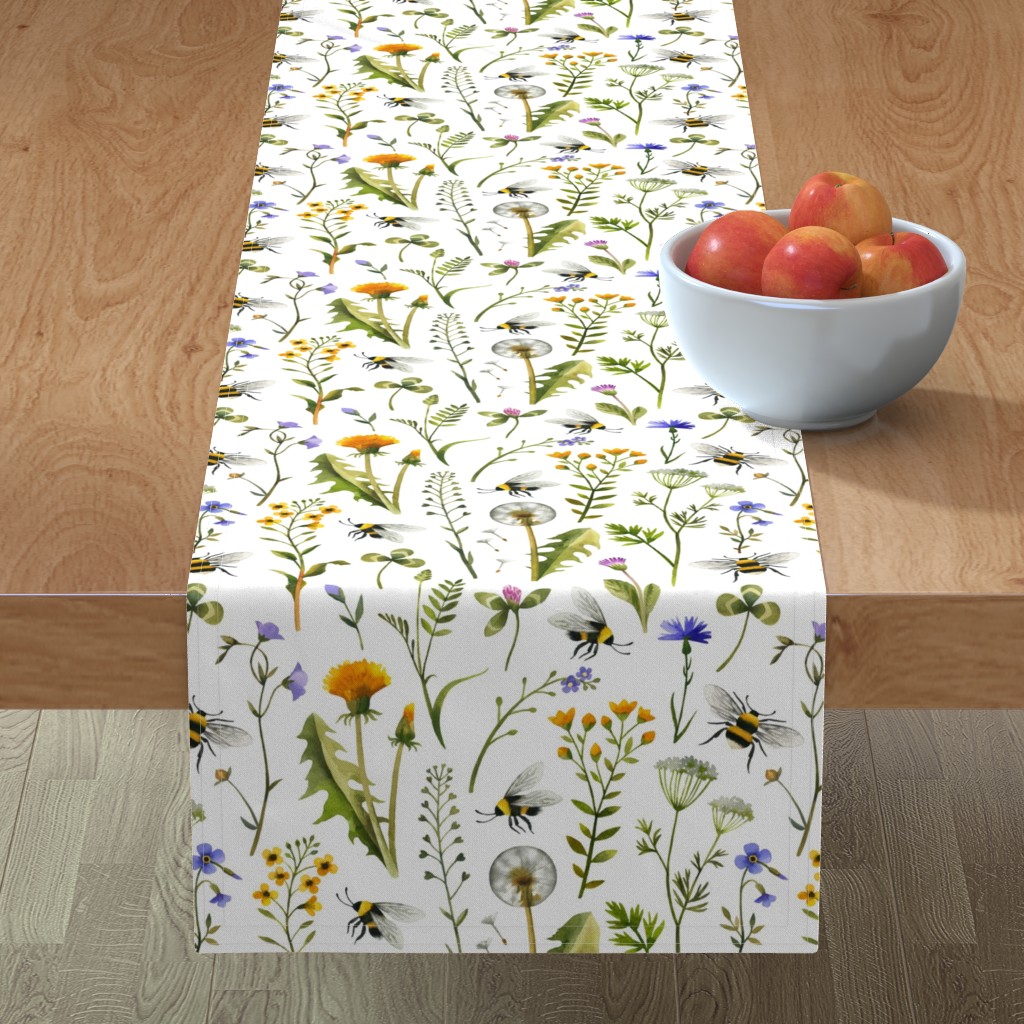 Bees and Wildflowers on White Table Runner, 90x16, Multicolor