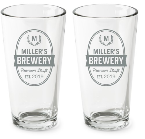 Brewery Pint Glass, Etched Pint, Set of 2, White