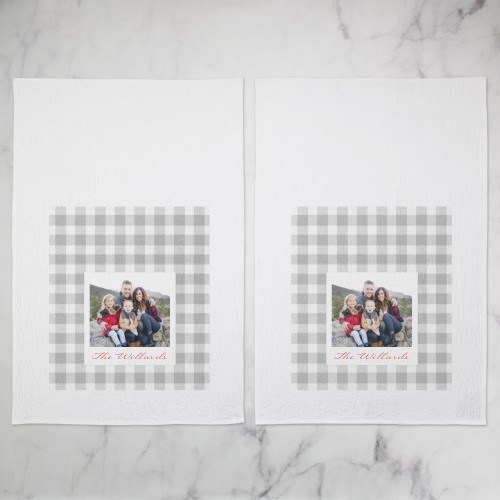 Gingham Trio Collage Tea Towel, Set of 2, Gray, gray