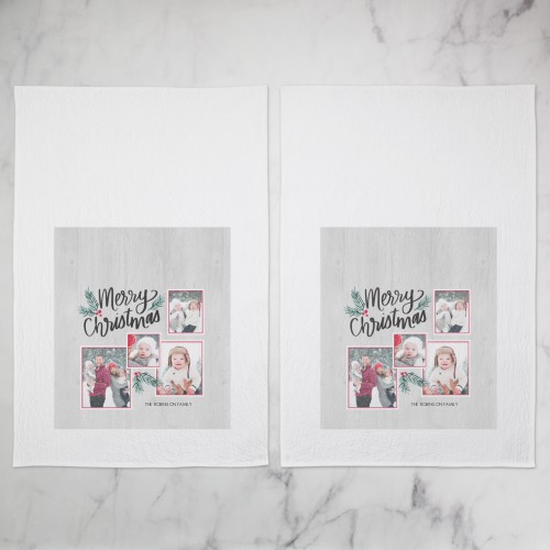Merry And Bright Christmas Tea Towel, Set of 2, Gray, gray
