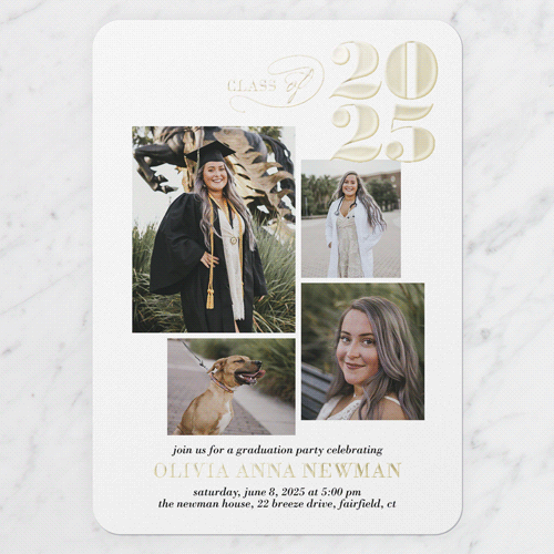 Script Class Graduation Invitation, White, Gold Foil, 5x7, Matte, Personalized Foil Cardstock, Rounded
