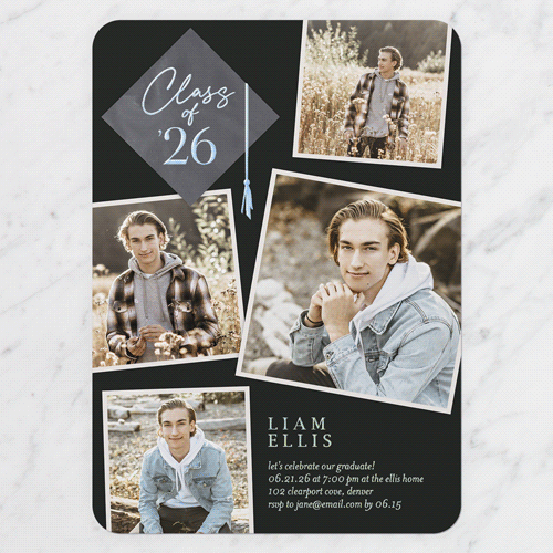 Tassel Snapshots Graduation Invitation, Black, Iridescent Foil, 5x7, Matte, Personalized Foil Cardstock, Rounded, Black