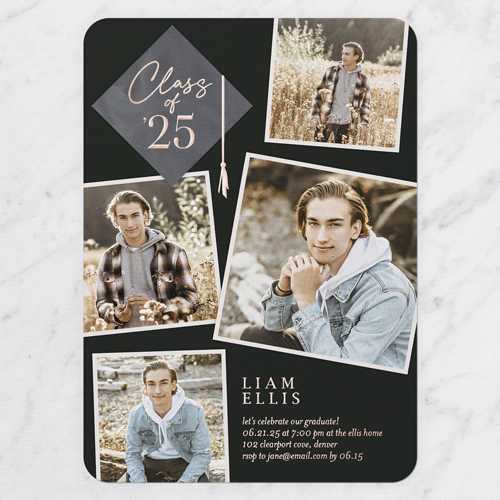 Tassel Snapshots Graduation Invitation, Rose Gold Foil, Black, 5x7, Matte, Personalized Foil Cardstock, Rounded